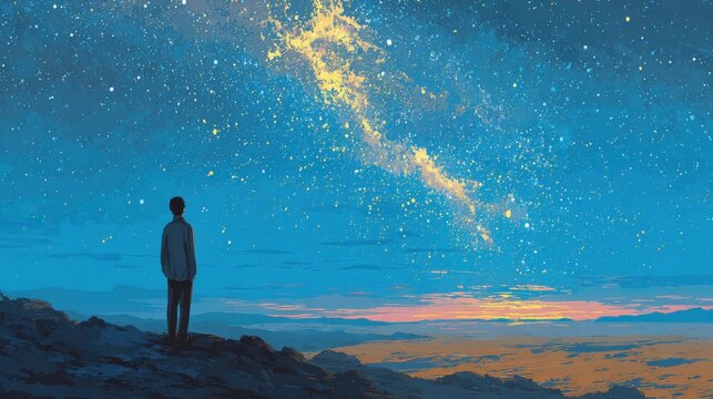 A person stands on a rocky outcrop, gazing at a breathtaking night sky filled with twinkling stars and a vibrant galaxy. Dusk colors paint the horizon, creating a magical atmosphere.