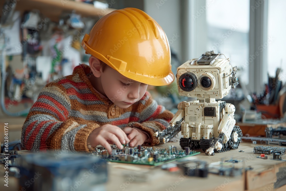 Poster little boy learns robotics skills while programming a robot at a school workshop during a creative a