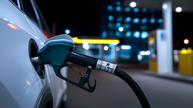 Close-up of a car being refueled at a gas station at night with a blue nozzle inserted in the tank.
