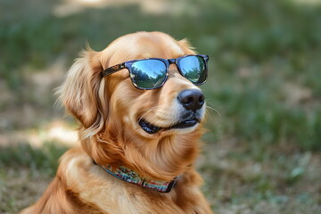 Stylish Golden Retriever Relaxing Sunglasses Outdoor Greenery Happy Dog