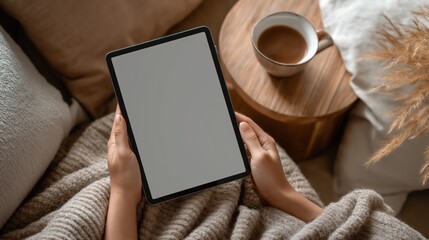 Cozy Lifestyle: Woman Relaxing on Bed with Tablet, Enjoying Warm Atmosphere and Comfort at Home.