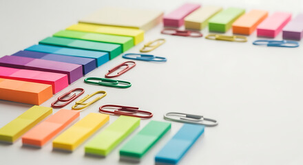 A bright array of colorful sticky notes and paper clips arranged on a clean white surface creating a vibrant scene ai generated