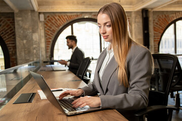 Cute long-haired blonde female manager working in the office