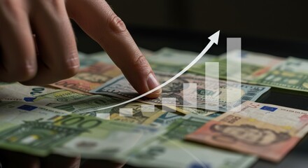 Hand pointing at financial growth chart over money.