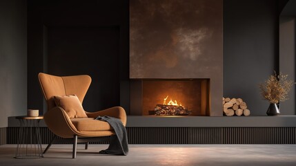 Cozy Living Room Interior with Fireplace, Armchair, and Warm Lighting - Modern Home Decor and Relaxation Concept