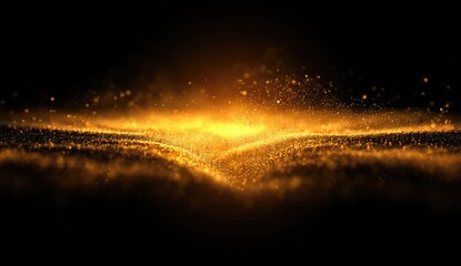 Golden particles swirl, dark background