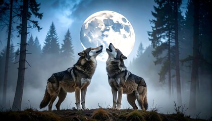 Two wolves howl at a large full moon in a misty forest at night (2)