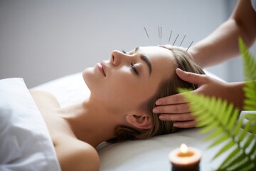 Woman receiving acupuncture treatment for stress relief
