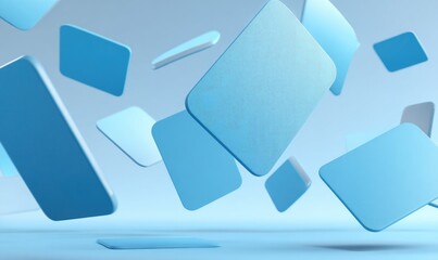 Light blue, square, and rectangular shapes float in mid-air
