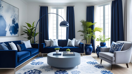 luxurious living room interior design with Blue theme 