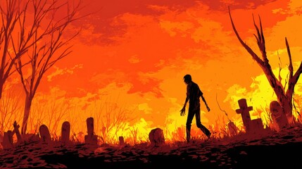 Obraz premium A solitary figure walks among tombstones in a graveyard, silhouetted against a dramatic fiery sunset. The atmosphere is eerie and haunting, with bare trees surrounding the area.