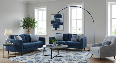 luxurious living room interior design with Blue theme 