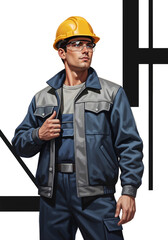 proud builder in protective gear looking into the distance on white background . Generative AI