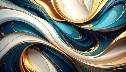 Obraz premium Abstract swirling pattern of teal, white, and gold paint