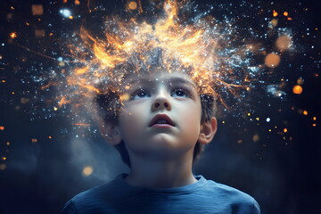 Imaginative Journey Young Boy Cosmic Thoughts Dreamy Universe