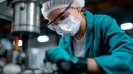 A female factory worker in a hairnet, face mask, and safety glasses operates machinery, emphasizing health and safety in production.
