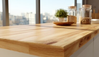 Wooden kitchen countertop, city view
