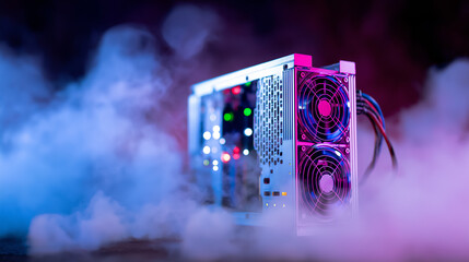 A row of cryptocurrency mining rigs with glowing blue fans and red lights, emitting smoke, in a server room.
