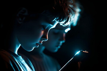 Children Glow Smartphone Focused Intense Light Dark Silhouette Expression Emotion
