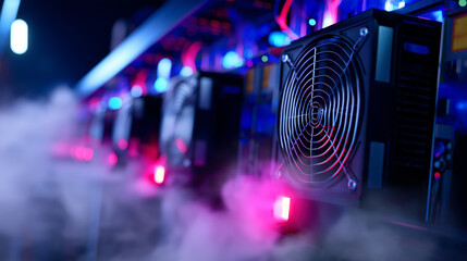A row of cryptocurrency mining rigs with glowing blue fans and red lights, emitting smoke, in a server room.
