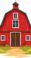 Red barn illustration with dark grey roof, brown doors, and green grass. A dirt path leads to the entrance with details of windows and a small cupola on the roof
