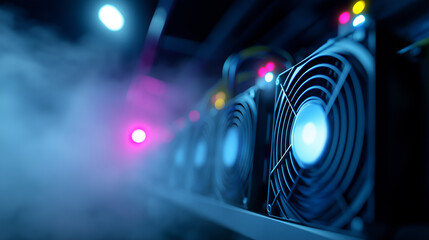 A row of cryptocurrency mining rigs with glowing blue fans and red lights, emitting smoke, in a server room.

