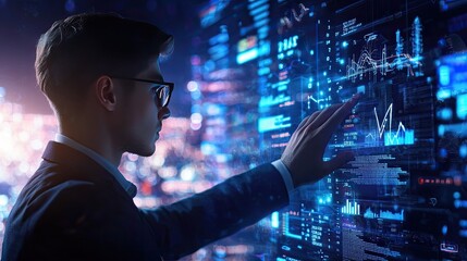 Businessman interacts with a futuristic digital interface.