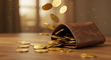 Gold Coins Pouring Out of Brown Leather Wallet.