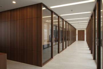 Modern office interior design with glass wall corridor