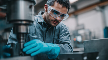 A focused man in safety glasses and gloves operates industrial machinery in a factory, highlighting manufacturing and precision work.
