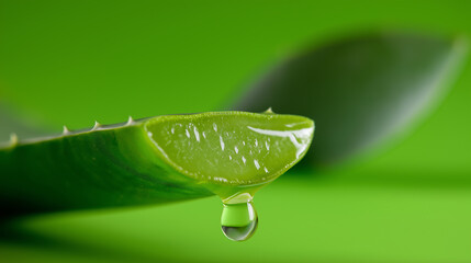 Fototapeta premium A cut aloe vera leaf with a clear drop of gel dripping from it, set against a vibrant green background. 