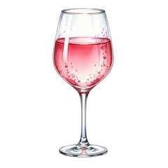 A vibrant watercolor illustration of a wine glass filled with sparkling pink rose wine, featuring delicate bubbles. Perfect for beverage menus or celebration designs.