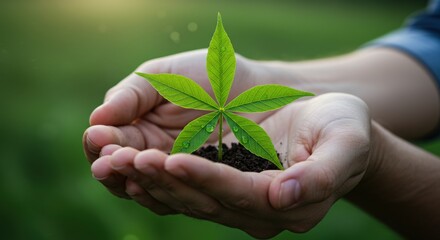 Hands Holding Young Plant with Water Droplets Green Background.