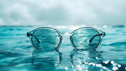 Stylish Round Sunglasses Reflected Vibrant Ocean Water Bokeh Waves Bright Summer