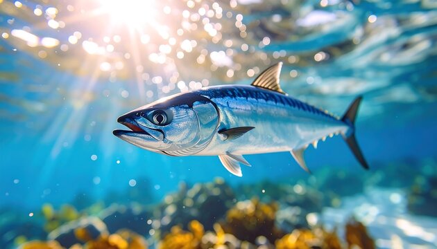 Underwater shot of a sleek, silver fish swimming near a vibrant coral reef, sunlit water