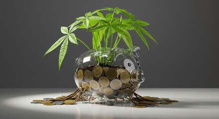 Piggy Bank with Plant and Coins: Financial Growth Concept.