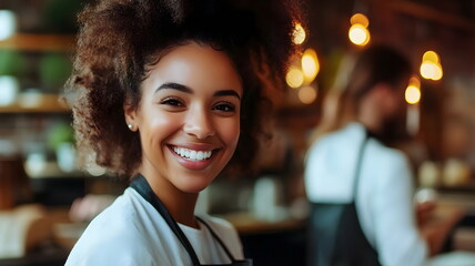 Happy Smiling Barista Working Coffee Shop Engaged Customers Warm Atmosphere