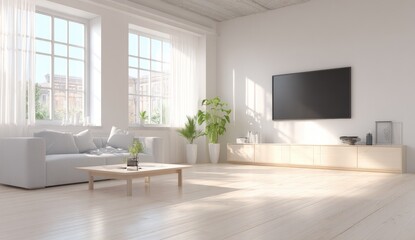 Fototapeta premium Bright, minimalist living room with large windows