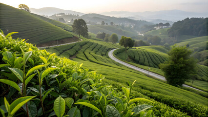 Scenic Tea Plantation Landscape with Rolling Green Hills and Winding Path