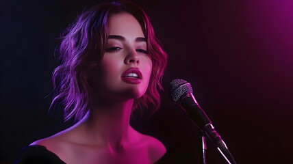 Singing Performance Female Artist Microphone Stage Lighting Music Emotion