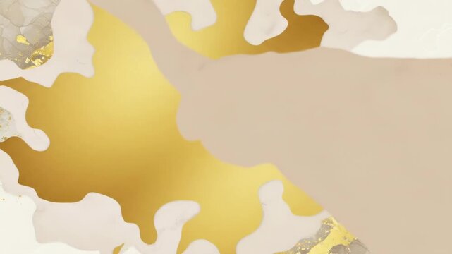 An abstract design with a golden center, off-white and tan flowing shapes, flecks of gold. Mottled background with organic forms