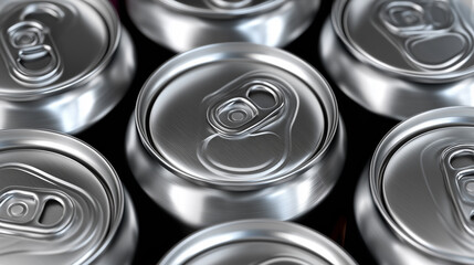 Top-down view of an array of aluminum beverage can tops, showcasing their metallic texture and pull tabs.

