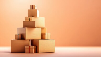 Fototapeta premium Stacked cardboard boxes, gift-like, form a Christmas tree