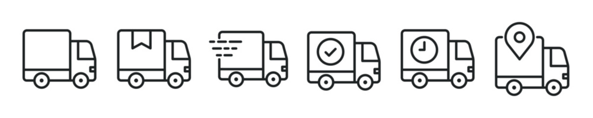 Delivery truck thin line icon set. Cargo, shipping, courier minimal editable stroke icons