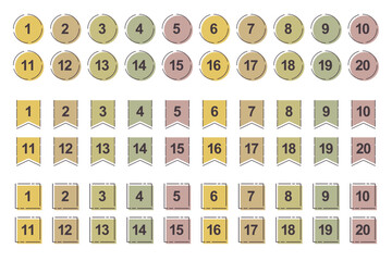 Autumn Color Number Labels 1–20 – Circle, Ribbon, and Square (Vector)