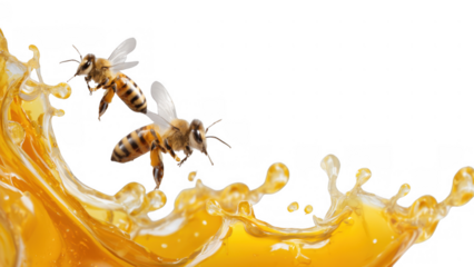 Bees over vibrant honey splash bring life, created with AI, PNG