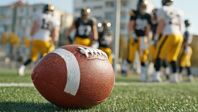 American football on field. Players in uniforms blurred in background. Bright, outdoor setting, grassy field. Focus on the brown, oval leather ball
