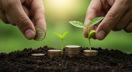 Hands Planting Coins with Growing Plants Financial Growth Concept.