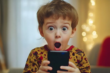Child Enthralled by Smartphone Surprised Joyful Expressions Bright Colors Cozy Environment