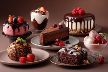 Collection of various delectable sweets and desserts featuring chocolate, ice cream, and fresh fruits displayed elegantly on plates